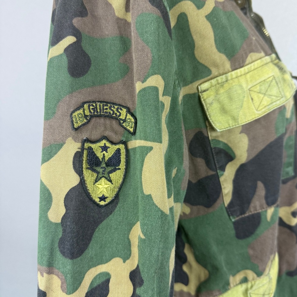 Vtg Guess Jeans Camouflage Military Jacket Women's Patches Green Brown‎ Zipper - Picture 4 of 8